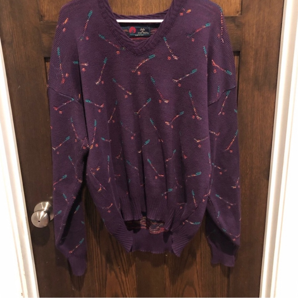 Vintage 1990s Golf Theme Knitted Crewneck Sweater - Isle of Cotton -large